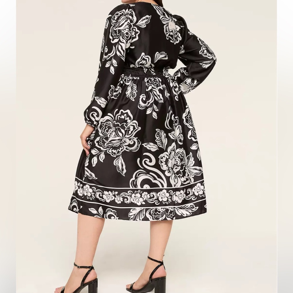 Lane Bryant Split-Neck Fit & Flare Black &White Floral Midi Dress